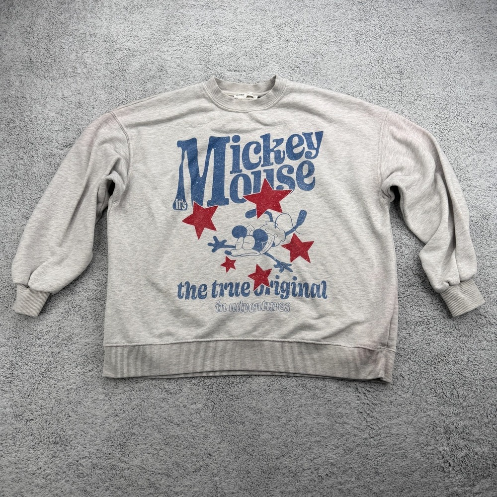Pull & Bear Mickey Mouse Sweatshirt Womens Medium Vintage Gray Fleece Spellout